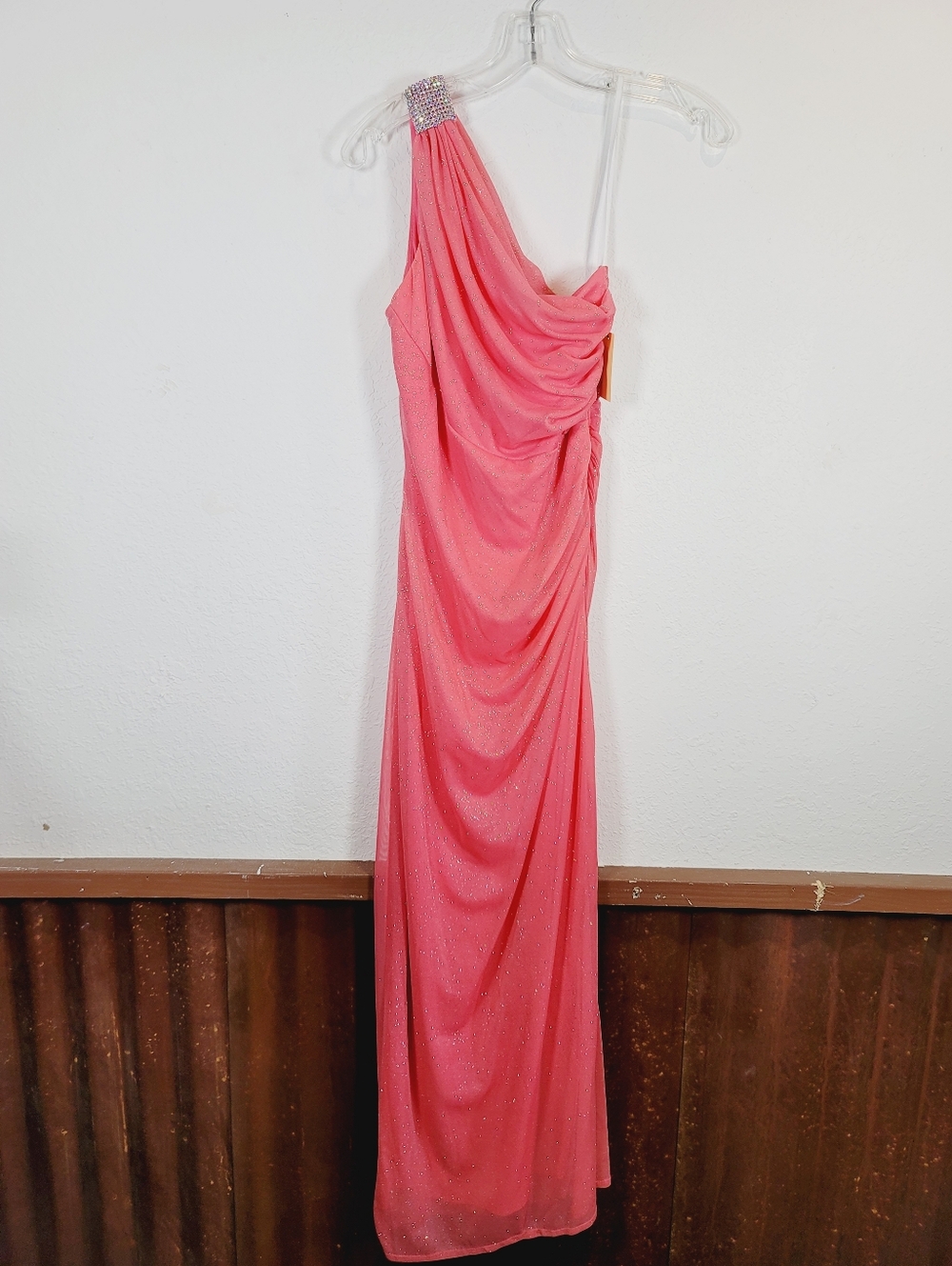 Betsy & Adam Pink Shimmer Evening Gown with Embellished Strap, Size 8